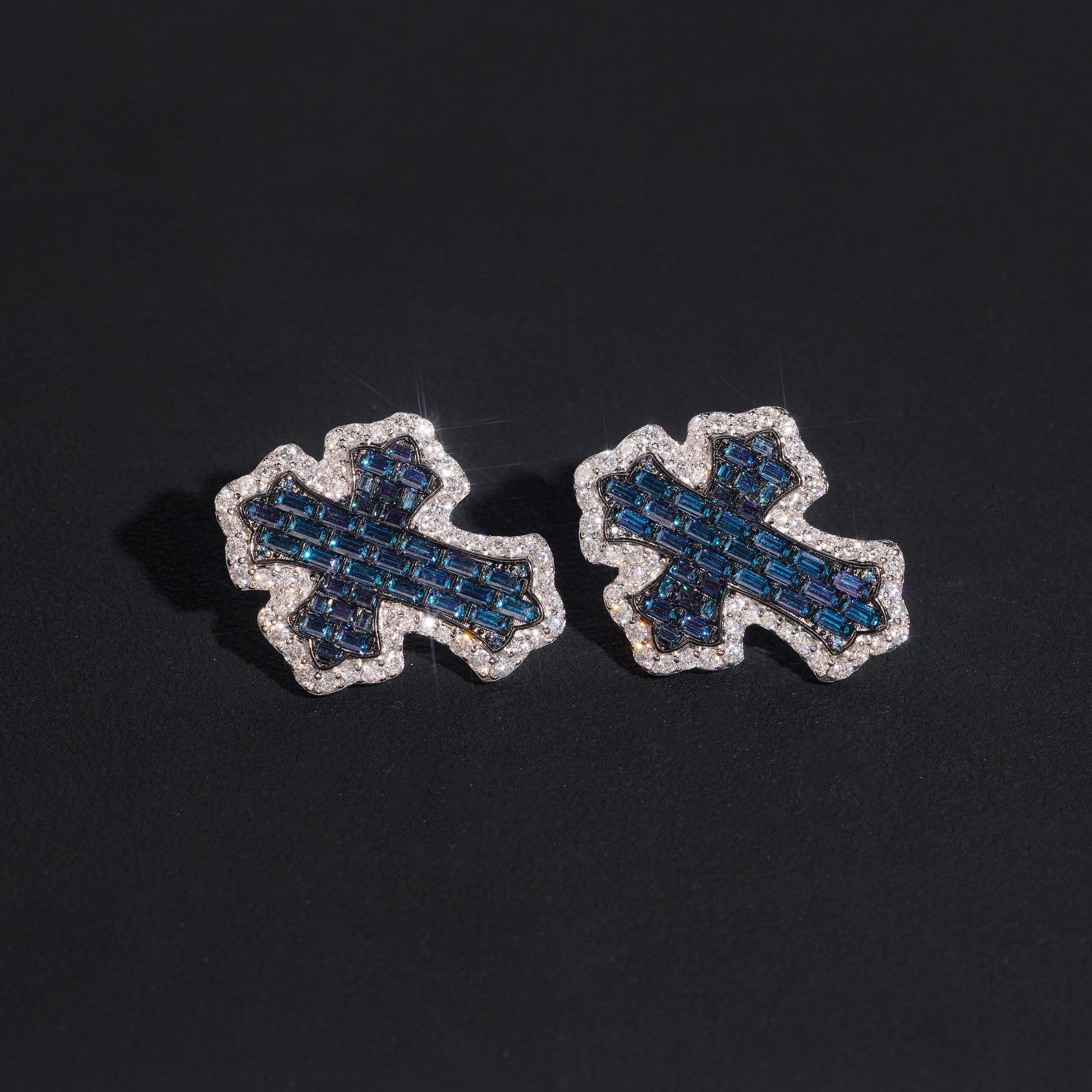 BLUE BAGUETTE CROSS EARRINGS
