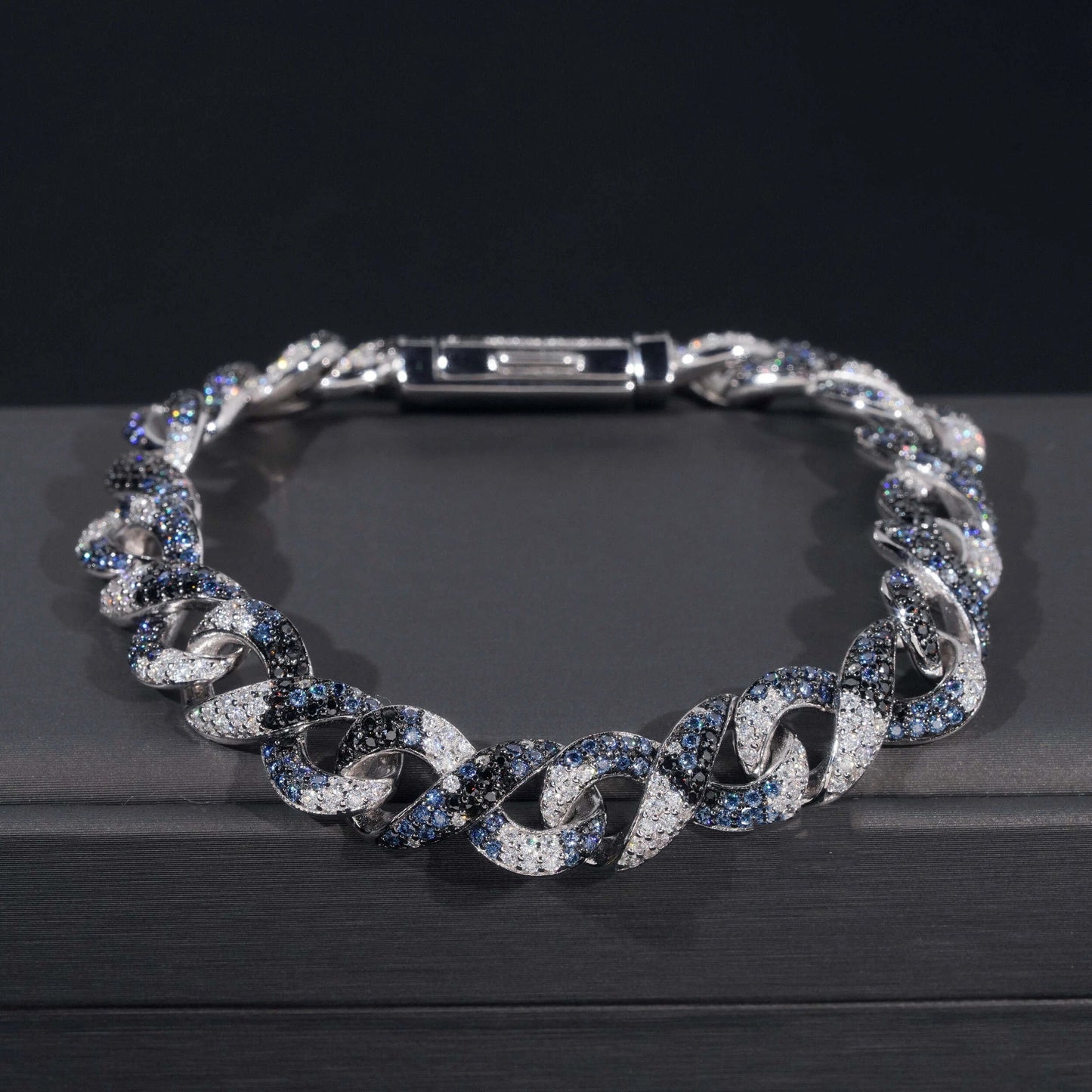 13mm Moissanite Blue/Black Camo Infinity Link Bracelet S925