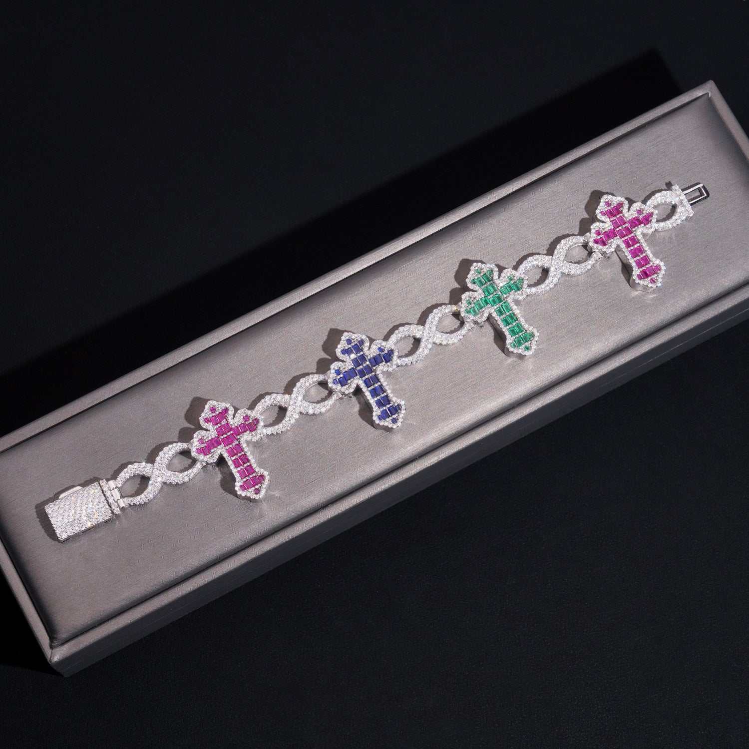 15MM INFINITY MIX COLOR BAGUETTE CROSS BRACELET