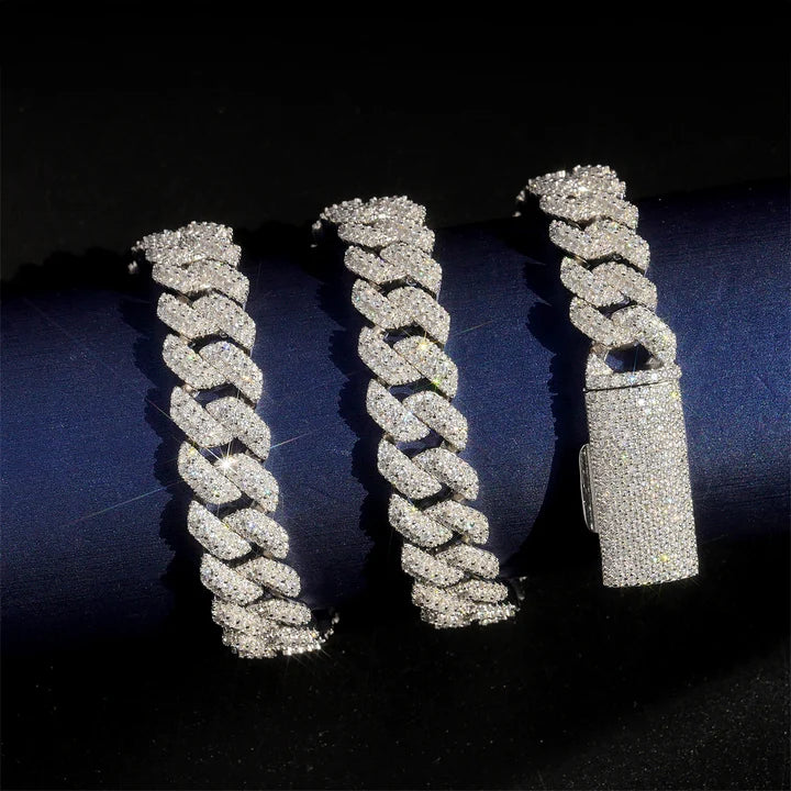 Three Row 12MM Moissanite Cuban Link Chain S925