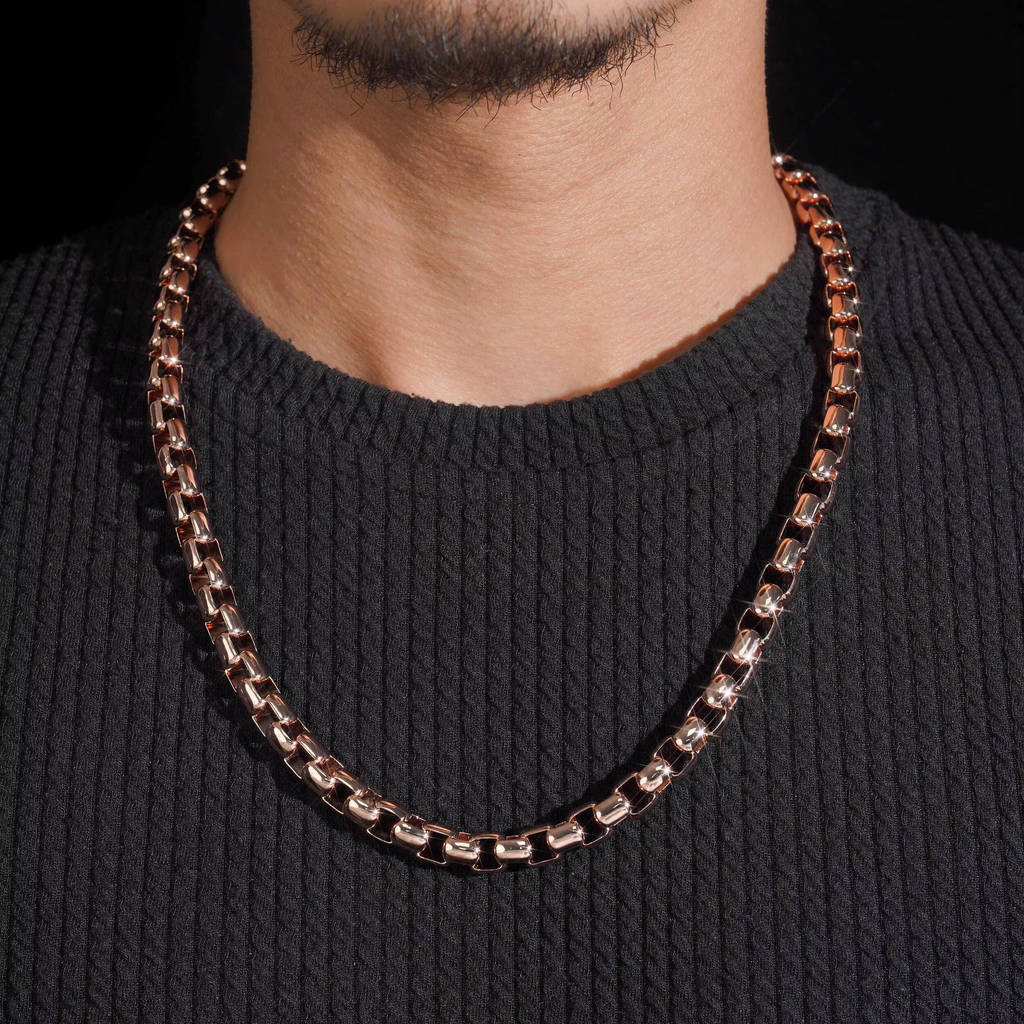 8MM ROSE GOLD BOX LINK CHAIN WITH BAGUETTE CLASP