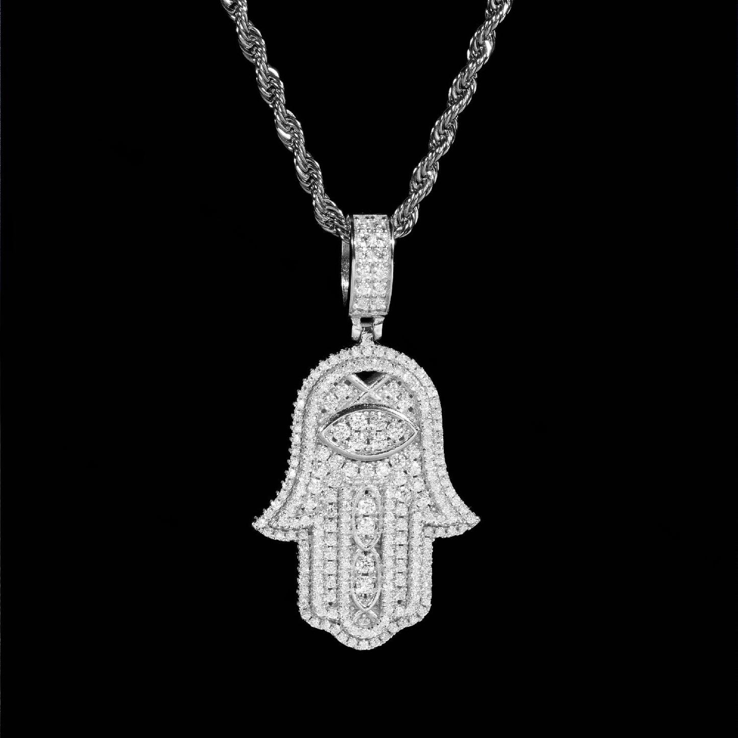 Evil Eye Hamsa Hand Moissanite Pendant S925